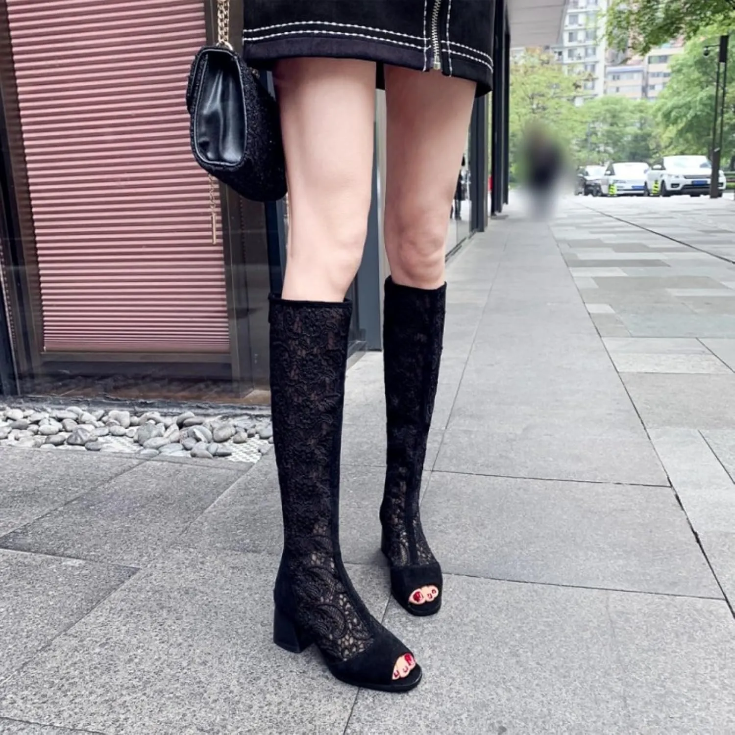 Aflngle Women Chunky Heel Open Toe Lace Sandals Mesh Hollow Out Gladiator Knee High Summer Booties Back Zipper Block Low Heel Long Boots