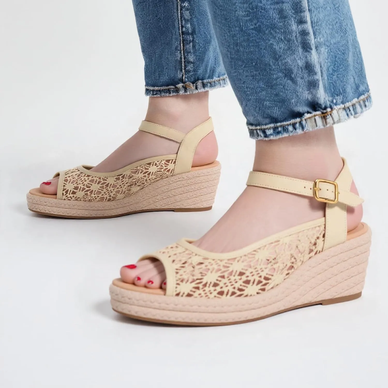 Alexis Leroy Wedge Heel Cut-Out Vamp Peep Toe Slingback Women's Sandals