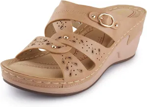 Alexis Leroy Women’s Comfortable Open Toe Crisscross Straps Slip on Wedge Sandals
