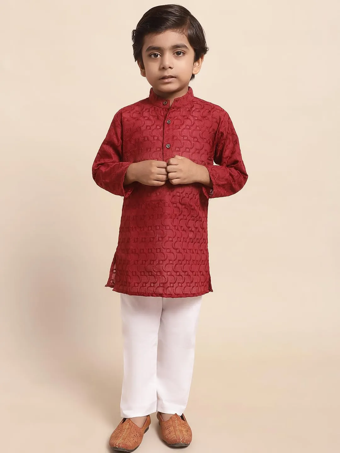 Baby Boys Ethnic Wear Colored Cotton Chikankari Kurta, Round Collar, Full Sleeves With White Pyjama