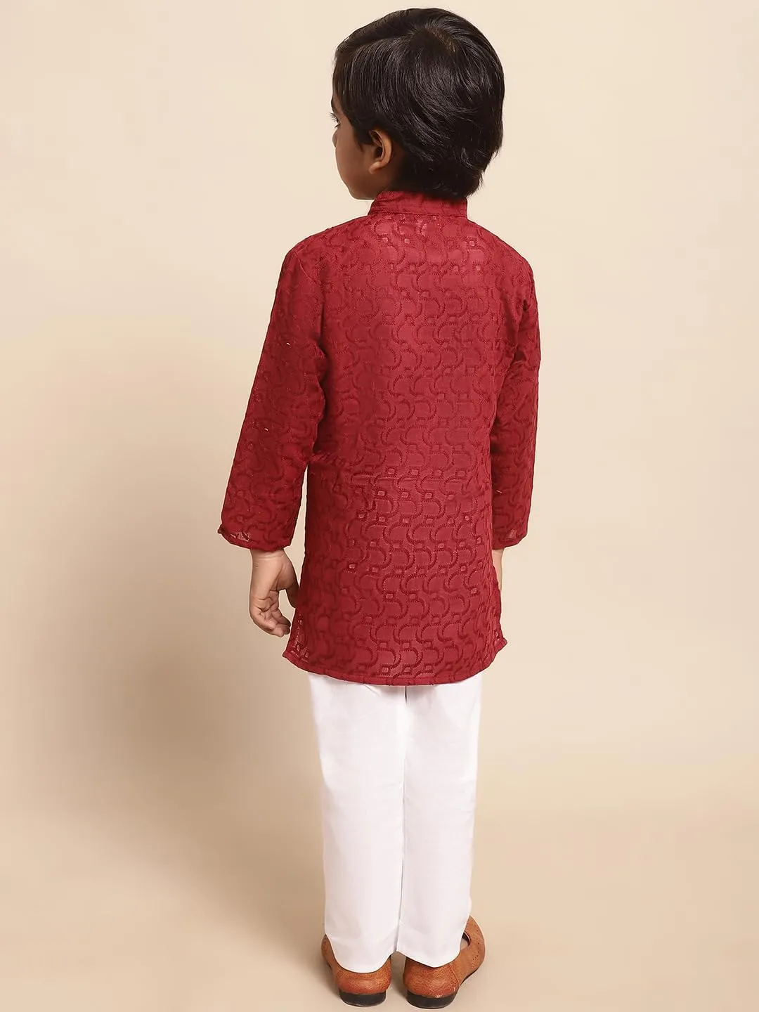 Baby Boys Ethnic Wear Colored Cotton Chikankari Kurta, Round Collar, Full Sleeves With White Pyjama