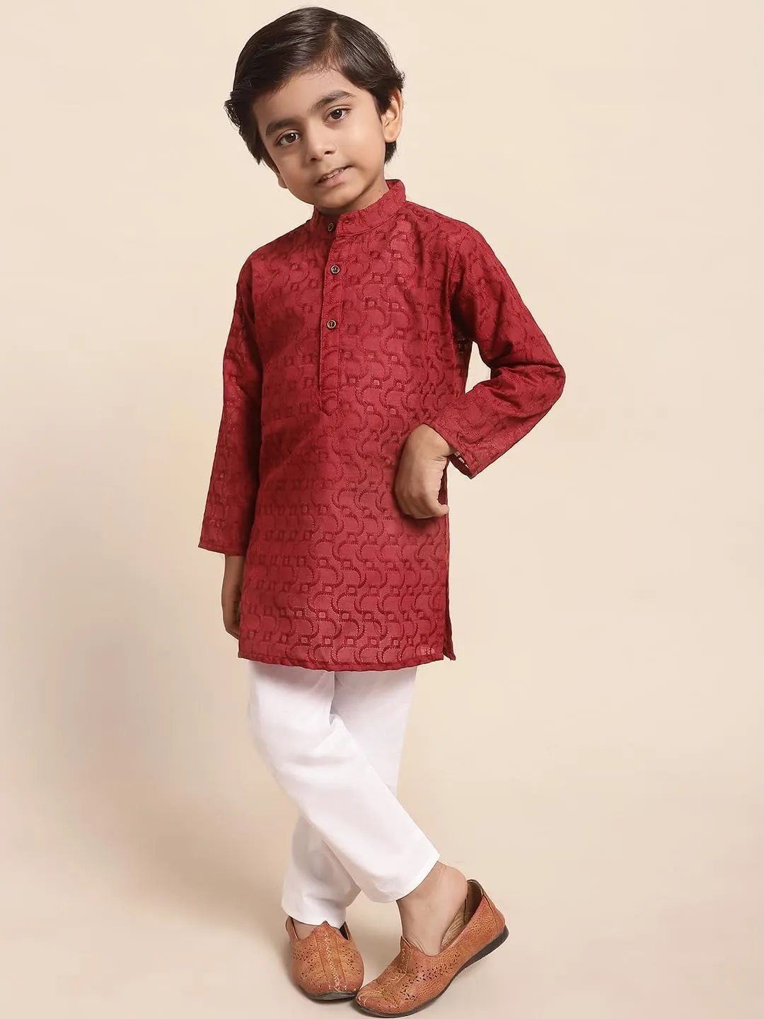Baby Boys Ethnic Wear Colored Cotton Chikankari Kurta, Round Collar, Full Sleeves With White Pyjama