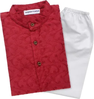 Baby Boys Ethnic Wear Colored Cotton Chikankari Kurta, Round Collar, Full Sleeves With White Pyjama