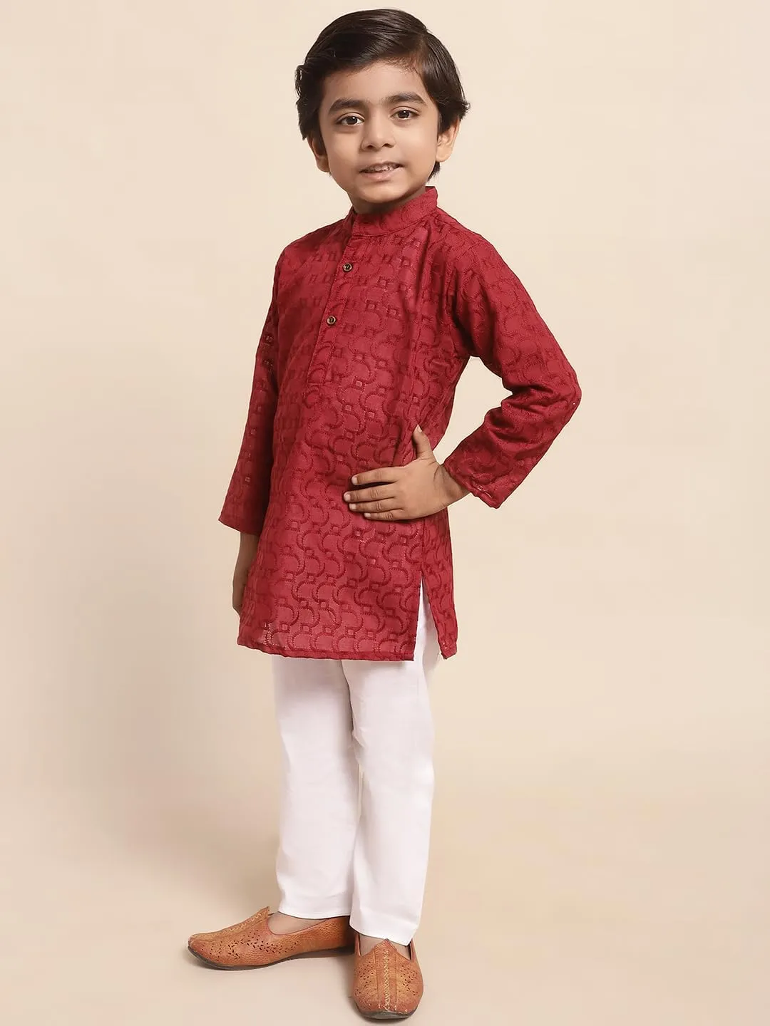 Baby Boys Ethnic Wear Colored Cotton Chikankari Kurta, Round Collar, Full Sleeves With White Pyjama
