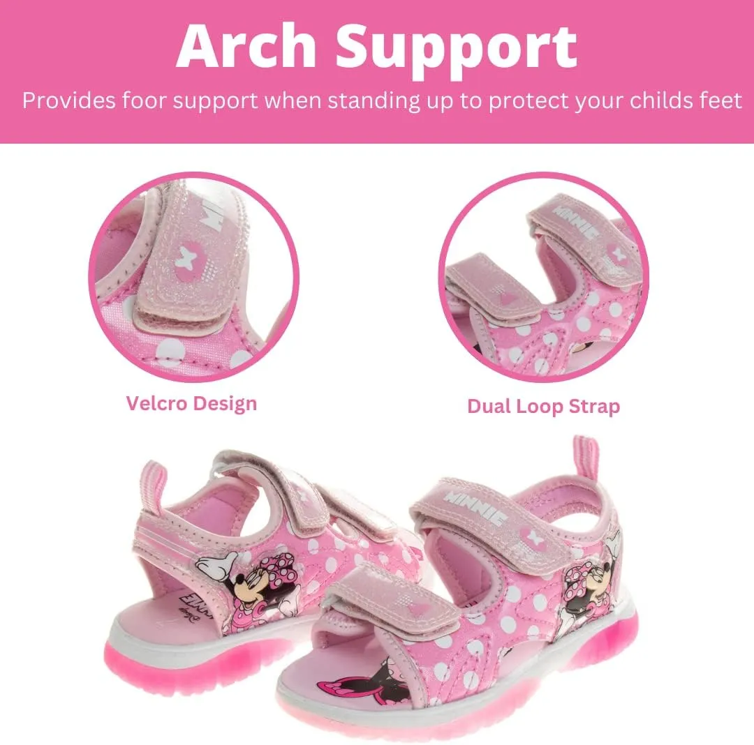 Disney Girls Minnie Mouse Sandals LED Light Up Water Shoes - SlipOn Waterproof Adjustable Strap Character Slides (OpenToe/ClosedToe) (Toddler/Little Kid)