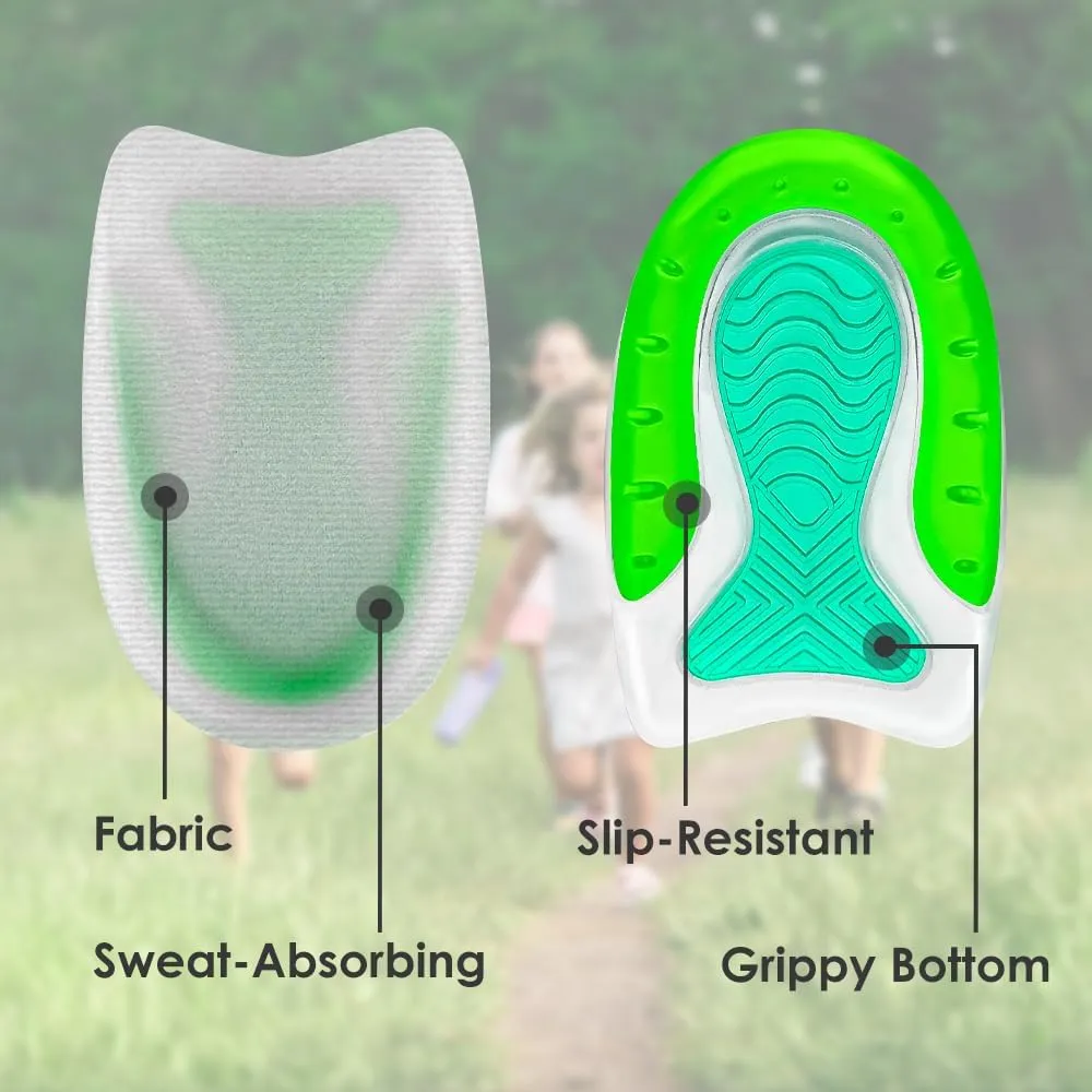 Kid’s Heel Cups - Soft Silicone Heel Inserts for Pain Relief and Comfort, Fits Shoes Size 3-7, Ideal for Plantar Fasciitis and Growing Feet (Green, 2 Pairs Kid's Size 3-7 / Women 4-8)