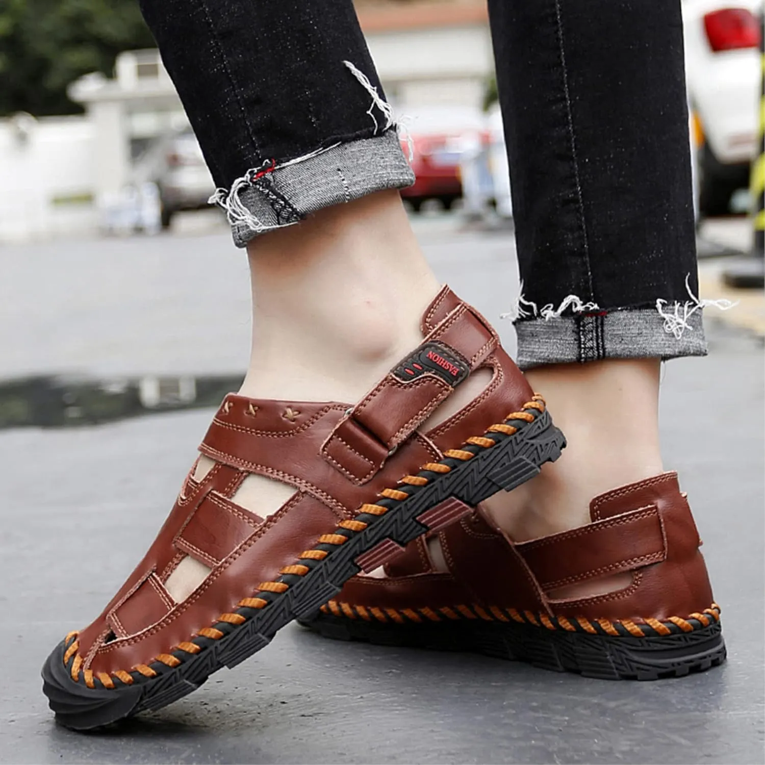 MAIZUN Mens Leather Sandals Closed Toe Summer Outdoor Fisherman Sandal Adjustable Breathable Sport Sandals
