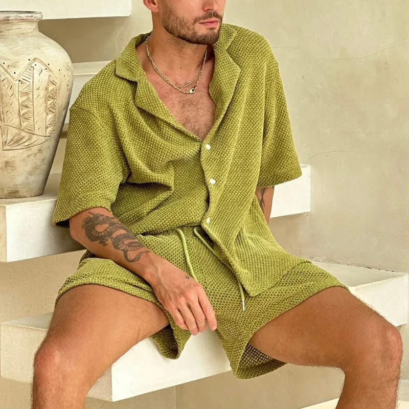 Men’s Casual Outfit Set – Lightweight Textured Shirt and Drawstring Shorts – Relaxed Fit