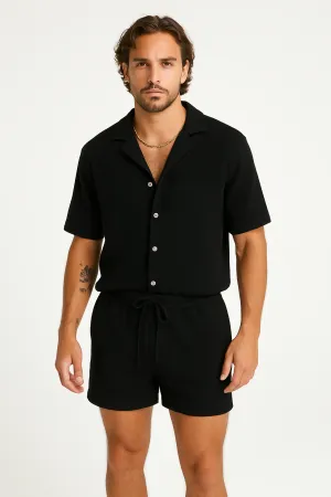 Men’s Casual Outfit Set – Lightweight Textured Shirt and Drawstring Shorts – Relaxed Fit