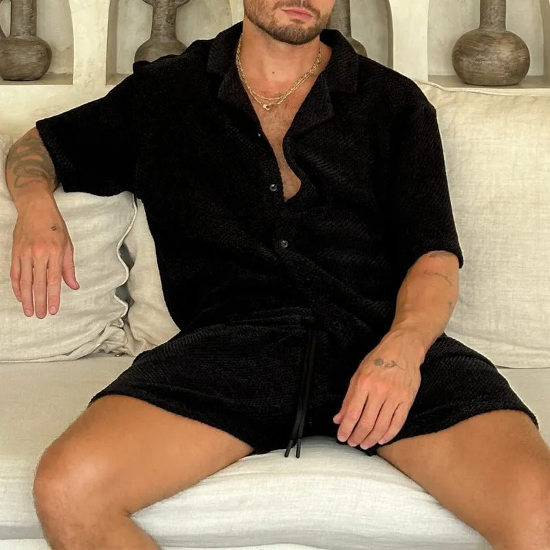 Men’s Casual Outfit Set – Lightweight Textured Shirt and Drawstring Shorts – Relaxed Fit