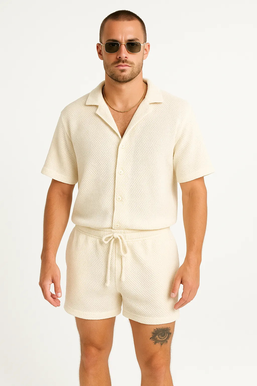 Men’s Casual Outfit Set – Lightweight Textured Shirt and Drawstring Shorts – Relaxed Fit