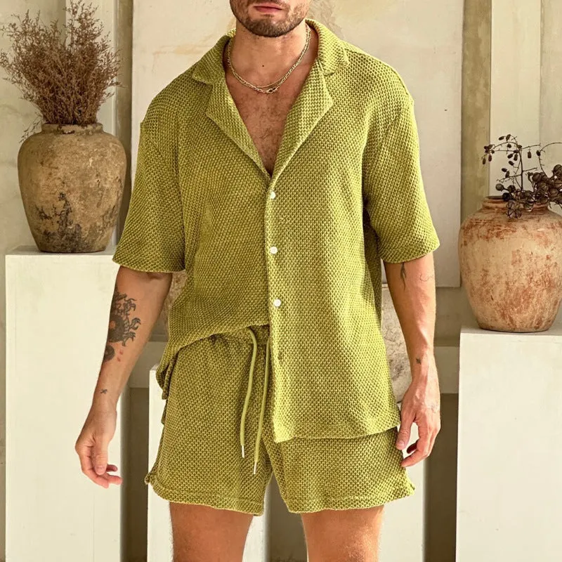 Men’s Casual Outfit Set – Lightweight Textured Shirt and Drawstring Shorts – Relaxed Fit