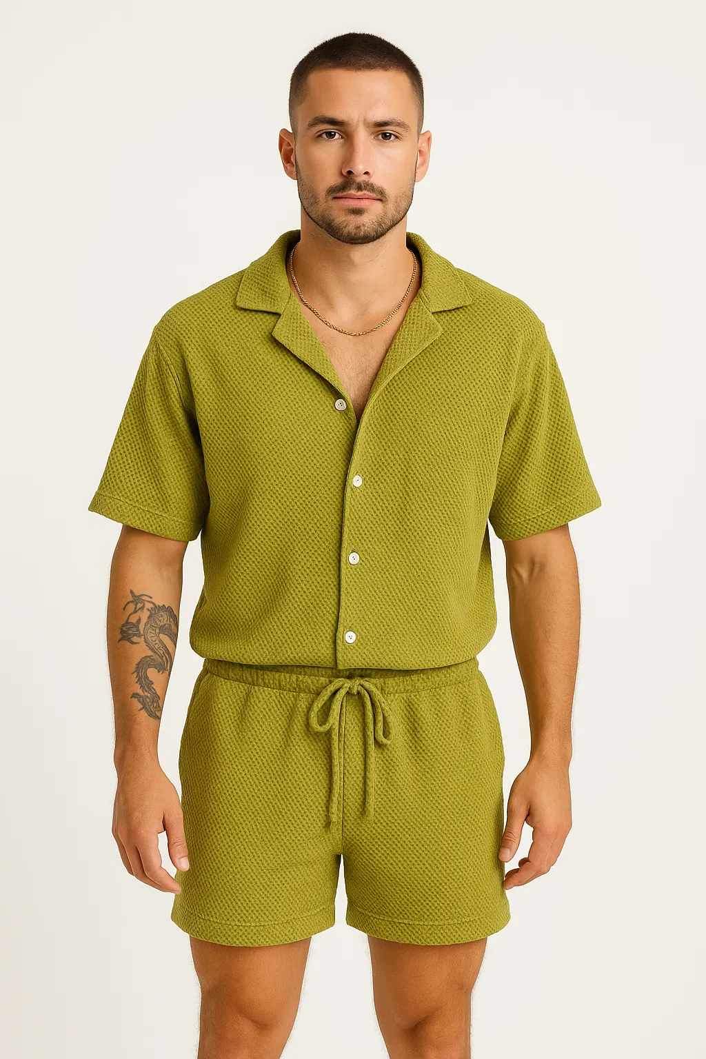 Men’s Casual Outfit Set – Lightweight Textured Shirt and Drawstring Shorts – Relaxed Fit
