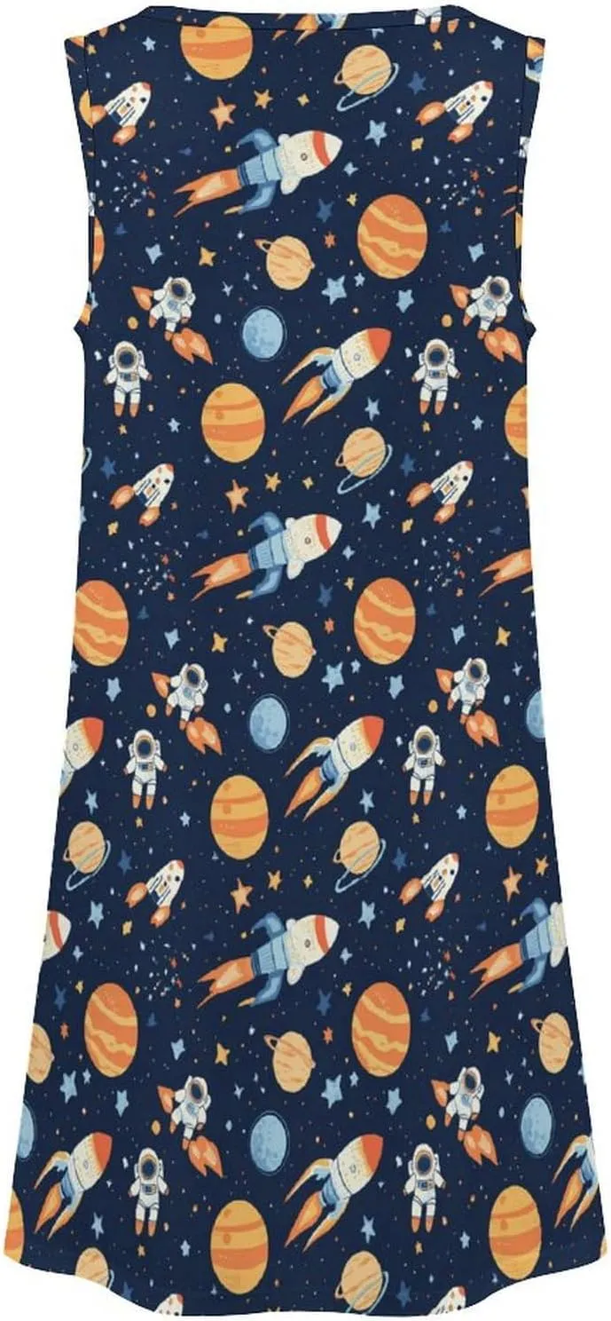Outer-Space Astronaut Rocket Summer Dresses for Women Sleeveless Sundress Tshirt Tank Dress