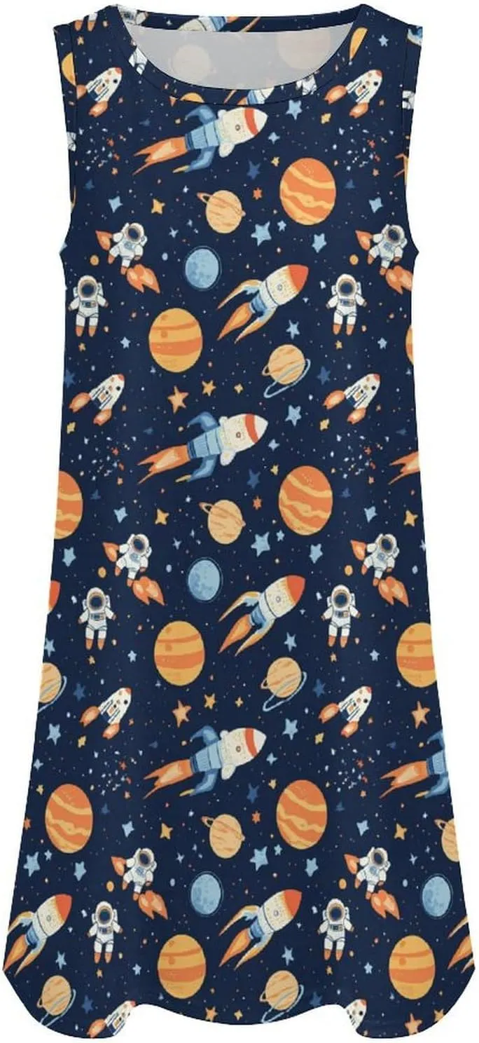 Outer-Space Astronaut Rocket Summer Dresses for Women Sleeveless Sundress Tshirt Tank Dress