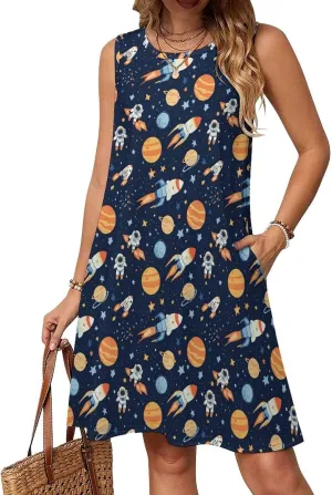 Outer-Space Astronaut Rocket Summer Dresses for Women Sleeveless Sundress Tshirt Tank Dress