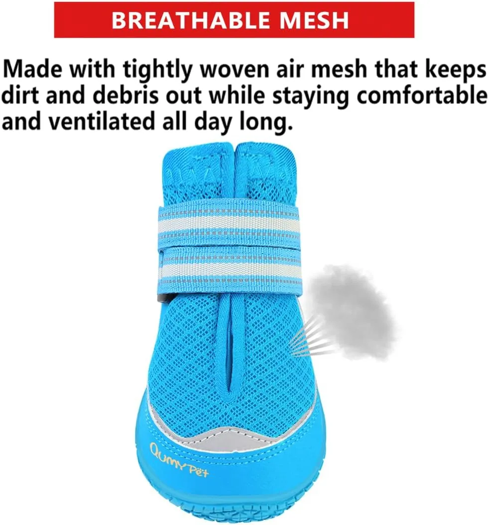 QUMY 4PCS Dog Boots for Large Dogs, Medium Dog Shoes & Paw Protectors for Hot Pavement, Summer Heat Protection, Mesh Breathable Nonslip Dog Booties for Hardfloors, Walking Running Hiking Blue Size 6