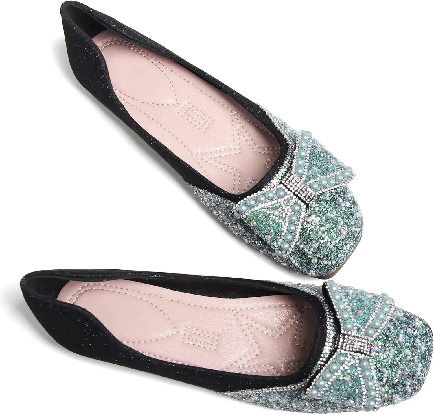 SAILING LU Square Toe Flats Shoes Rhinestoned Bowknots Ballet Flats for Women Studded Dress Shoes Comfort Light Weight Loafers