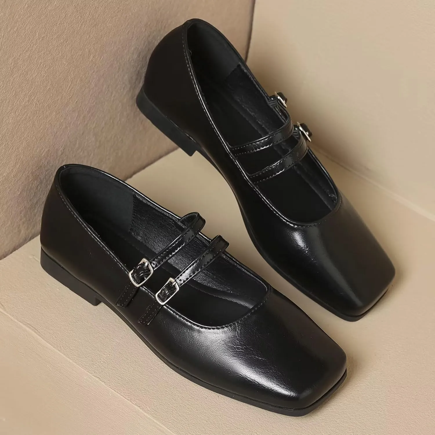 WENJIAZHIZHI Womens Squared Toe Mary Janes Adjustable Buckle Ballet Flats Solid Color Elegant Office Lady Low-Heels Wedding Dressy Shoes