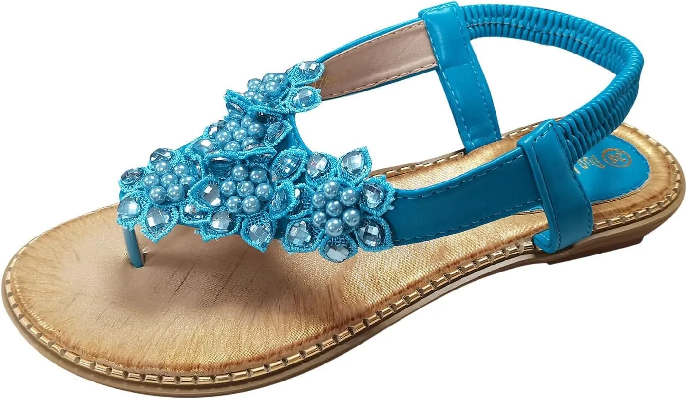 Women Sandal Flowers Pearl Party Dress Shoes Elastic Ankle Strap Open Toe Flip Flops Summer Clip Toe Sandals