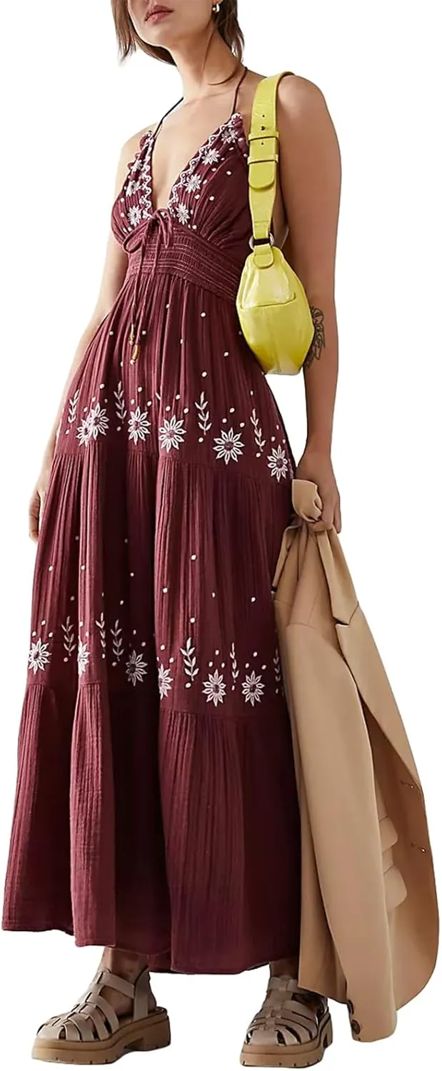 Women Summer Casual Long Flower Embroidery Tie-Up Halter Neck Sleeveless Fashion Backless A-line Dress