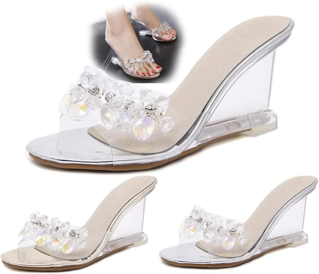 Women's Clear Wedge Sandals with Rhinestones – Open Toe Slip-On Heels, Transparent High Platform Mules for Summer Parties, Weddings & Daily Chic Style