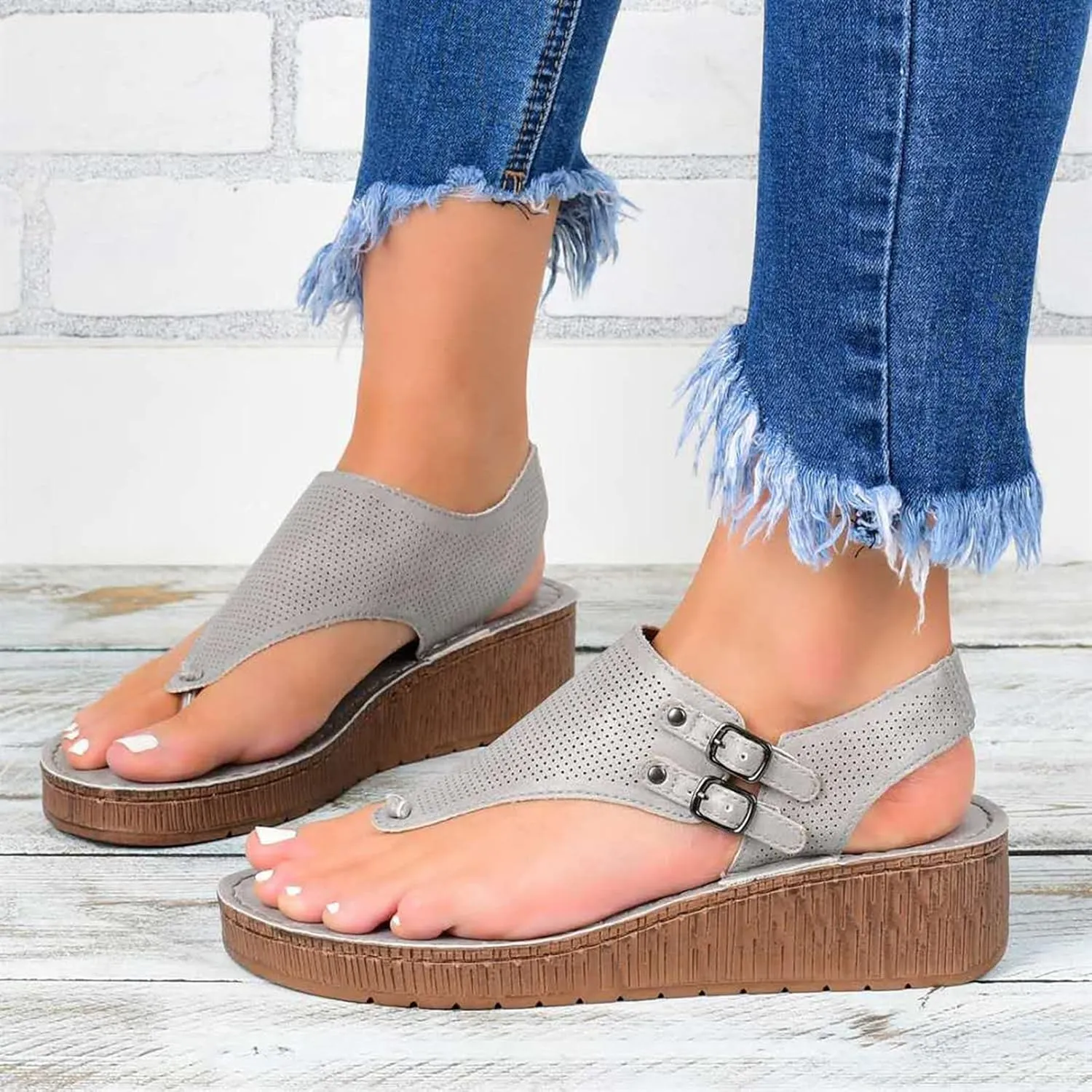 Womens Flat Sandals Ladies Summer Vintage Buckle Design Ankle Strap Thong Sandals Faux Leather Flip Flops Comfy T-Bar Slingback Wedge Walking Shoes,Black,US8/EU39