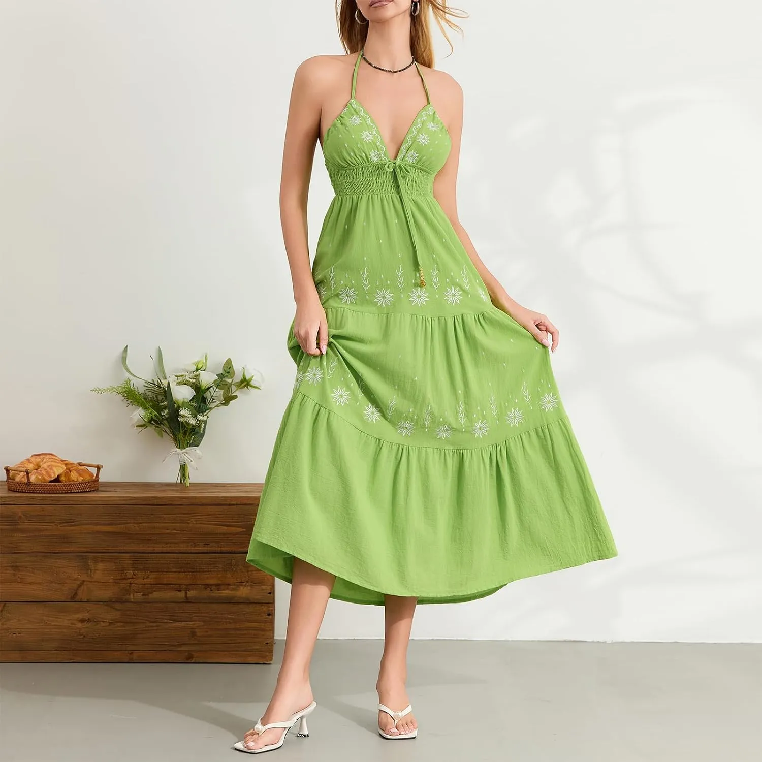 Women's Halter Neck Cami Long Dress Deep V Neck Backless Floral Embroidery Maxi Dress Summer Beach Vacation Sundress