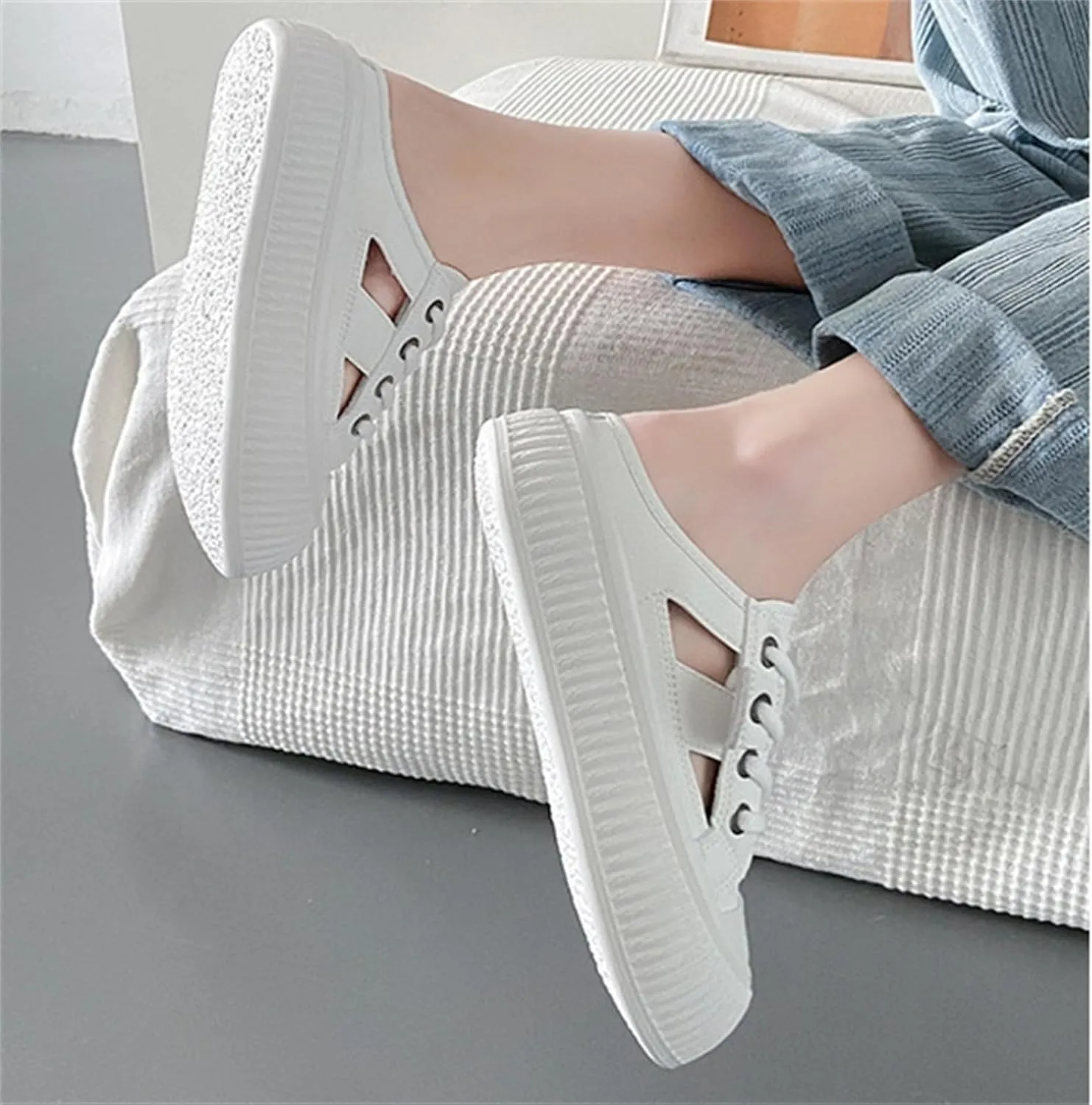 Women'S Hollow Leather Lace Up Sports Sandals Comfortable Breathable Clogs Platform Casual Slides For Beach Party Prom