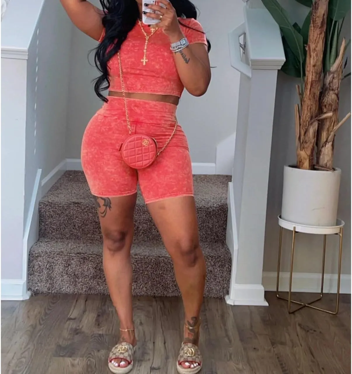 Womens Two Piece Outfits Lounge Sets Retro Short Sleeve Crop Top High Waist Shorts Jogging Yoga Set Streetwear