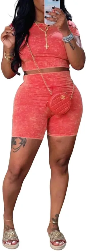 Womens Two Piece Outfits Lounge Sets Retro Short Sleeve Crop Top High Waist Shorts Jogging Yoga Set Streetwear
