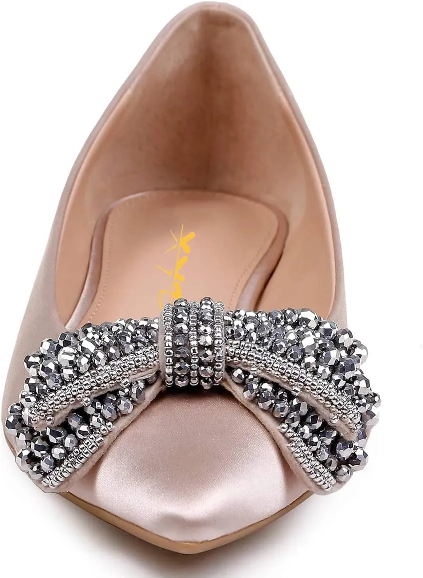 XYD Women Classic Pointy Toe Ballet Flats Rhinestone Bows Slip On Basic Office Dress Satin Shoes
